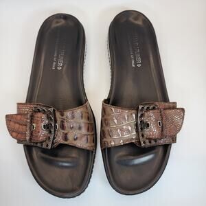 Donald Pliner Sandals Womens 9 Croc Embossed Slide Buckle Leather Made In Italy
